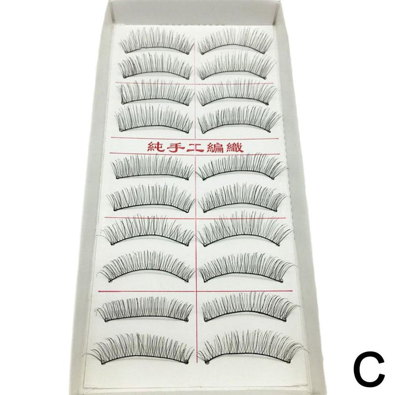 10 pairs of hand-woven natural false eyelashes with black cotton stems